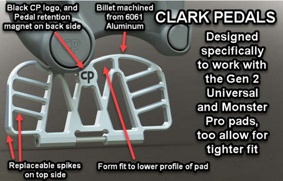 Electric Unicycle EUC Clark Pedals with studded spiked surface and magnetic closing pre orders available and expected in mid March 2021.  Pedal-Pad combo adds control to your ride and allows for pedal clearance on the bottom of the pad.  Clark Pedals work with the Gotway Begode Extreme Bull Commander