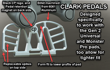 Load image into Gallery viewer, Electric Unicycle EUC Clark Pedals with studded spiked surface and magnetic closing pre orders available and expected in mid March 2021.  Pedal-Pad combo adds control to your ride and allows for pedal clearance on the bottom of the pad.  Clark Pedals work with the Gotway Begode Extreme Bull Commander

