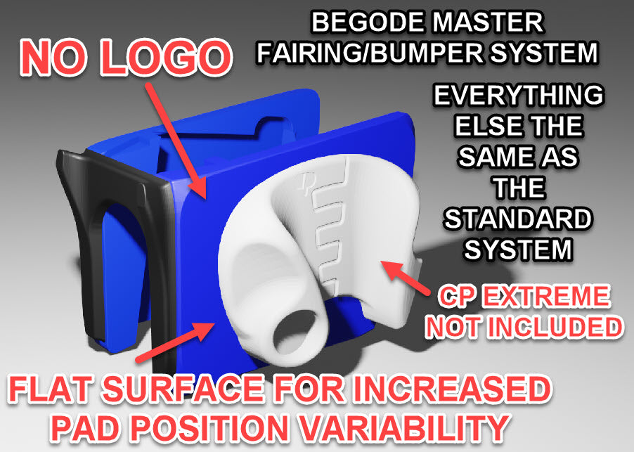 Fairing & Bumper System for the Begode Master EUC wheel from Clark Pads, without the Clark Pads logo.   This durable 3D-printed systems provides great protection for your Begode Master wheel.     Loop side (soft side) Velcro is pre-installed for easy pad adjustment.  This system is design provides a bigger mounting surface for use with Velcro-mounted power pads.  Pads are not included.    Includes pre-applied 3M adhesive along the interior for mounting.  