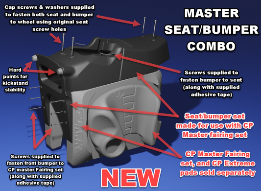 New from Clark Pads - Seat & Bumper Combo for the Begode Master EUC wheel.   This durable 3D-printed seat and bumper provides great protection for your Begode Master wheel.  The combo includes assembly screws, washers, and pre-applied adhesive for the bumper.   The front bumper mounts with supplied screws and pre-applied adhesive. Bumper includes hard points for kickstand stability.    For added protection to your Begode Master combing this Clark Pads Seat & Bumper