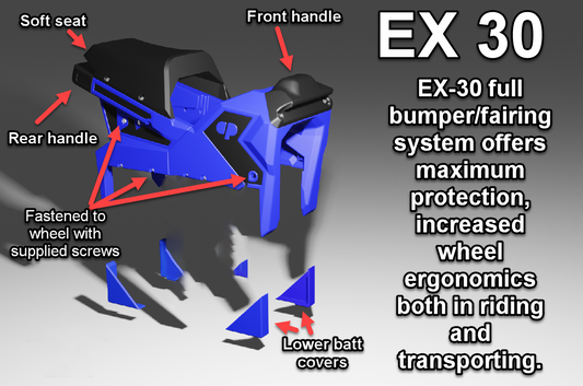 New from Clark Pads - the Complete Seat, Bumper, Handles, Firing & Side Panel System for the Begode EX30 EUC wheel.  This set up includes side panels and adhesive.   The seat and bumper installs over the stock Begode EX30 seat.  Side panels install over the wheel battery packs.  The combined 3D-printed system provides great protection for your Begode EX30 wheel.   Choose your bumper, fairing, and lower battery corner covers color from the dropdown options.  Accents, handles and seat default color is black. 